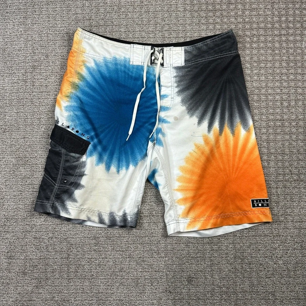 Billabong Mens Board Shorts Size 36 Tie Dye Sunburst Blue Orange Cargo Pocket
